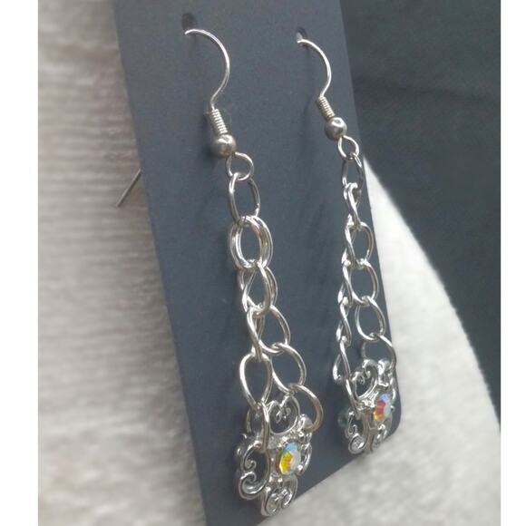 Chandelier Filigree Crystal Dangle Earrings AB Silver Tone Chain Maille Flower - Picture 10 of 12